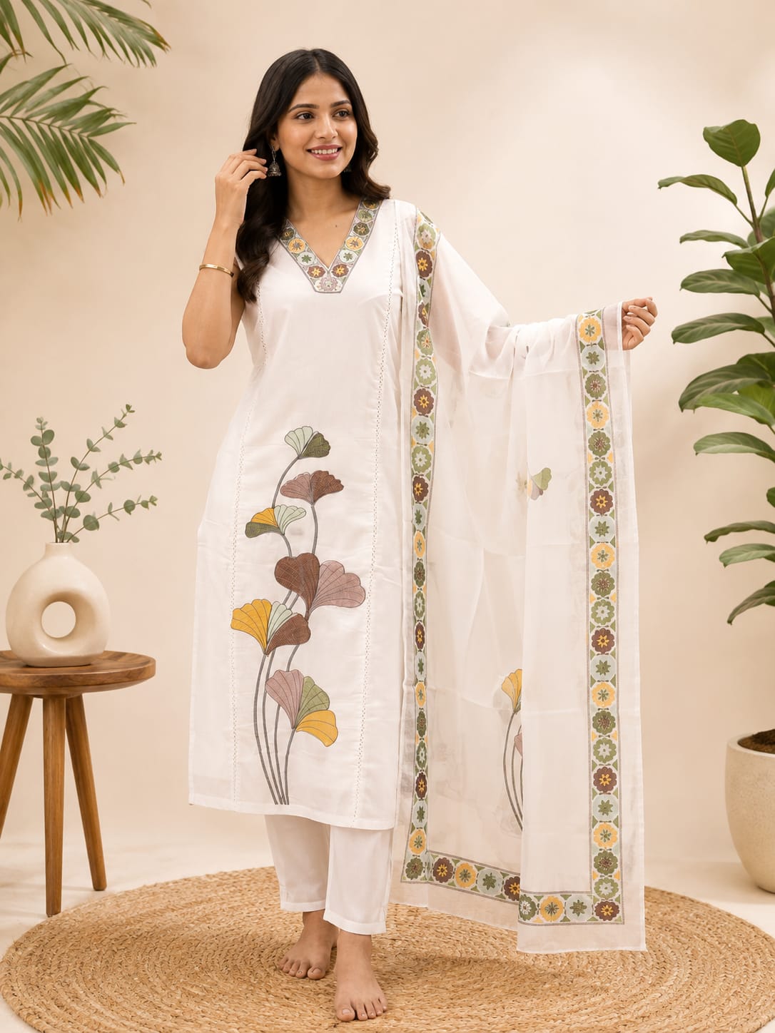 Maroon Printed Anarkali Kurta with White Palazzo Pants
